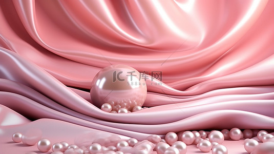 3D 渲染粉红色豪华背景与珍珠覆盖面料