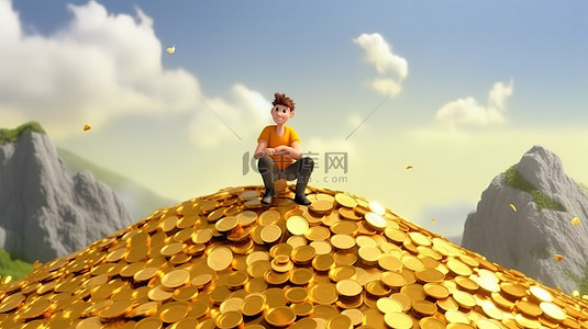 金币山卡通人物的最终财务目标 3D 渲染插图