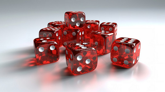 白色背景上红色骰子的 3D 插图描绘赌博棋盘游戏和赌场的运气