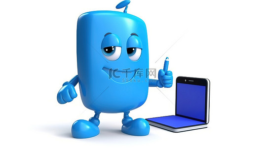 现代科技人物背景图片_蓝皮书人物吉祥物和空白屏幕现代手机的渲染 3D 图像非常适合白色背景的定制设计