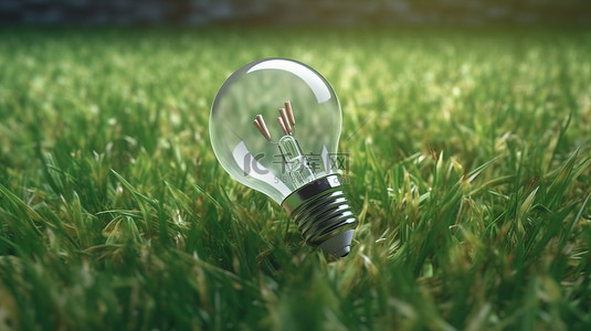 绿色能源用电池供电的环保灯泡照亮未来草地 3D 渲染