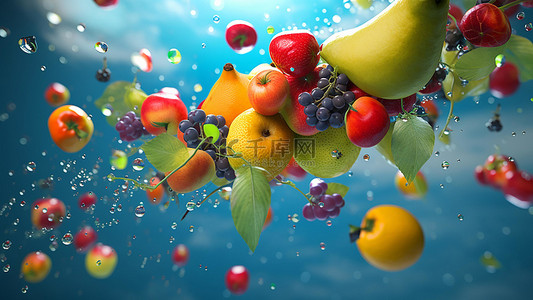 水彩卡通水果背景图片_食物新鲜水果叶子蓝色
