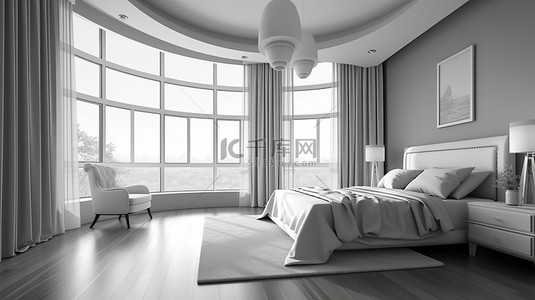 简约现代卧室背景图片_公寓内的简约现代卧室设计，拥有充足的自然光 3D 渲染