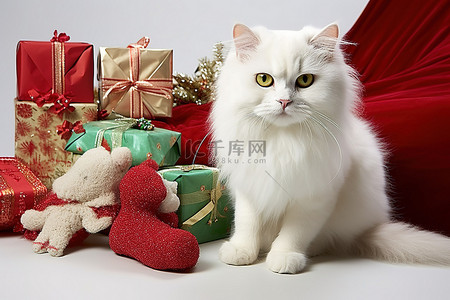 带着圣诞礼物和袜子的白猫