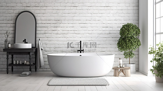 餐桌桌面背景图片_桌面上的模型空间的 3D 插图位于优雅的浴室上方，配有白色浴缸和砖墙