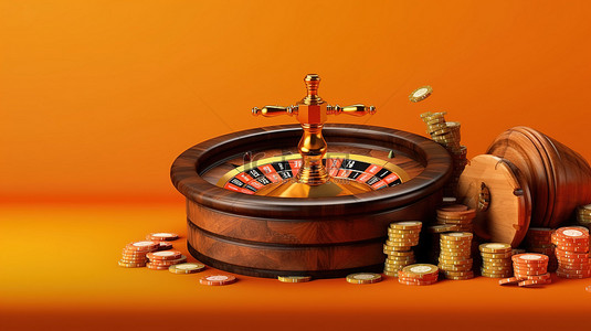 在线赌场中逼真的 3D 轮盘赌轮，橙色背景上有飞行硬币和木桶