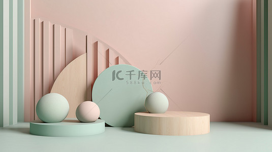 方形木质背景图片_柔和的几何讲台是一个抽象的模拟场景，用于在木质背景上对产品进行 3D 渲染