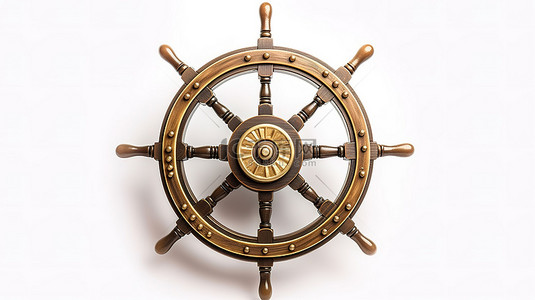 航海帆船背景图片_白色背景上金色 3D 渲染的古董船方向盘
