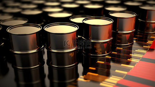 上升图表和金属桶在 3D 渲染中描绘了机油和柴油价格上涨的概念
