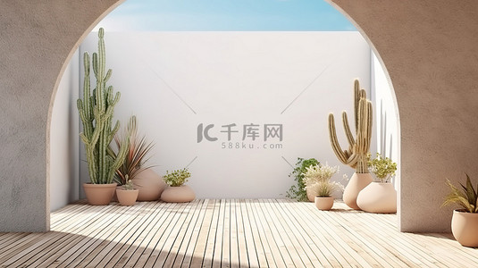 背景花园背景图片_时尚的露台，带有拱形墙，采用简约设计，配有 3D 渲染木地板白色石材地面和仙人掌装饰