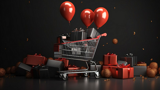 圣诞节和新年促销黑色星期五超级销售以购物车礼品盒和袋子为特色 3D 渲染