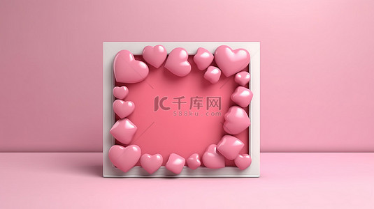 3D 渲染贺卡，左侧框架上有一颗粉红色的心和一组心
