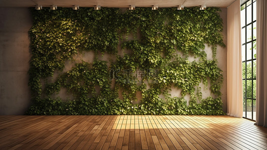 3D 渲染房间设有攀缘植物木镶板石墙和硬木地板