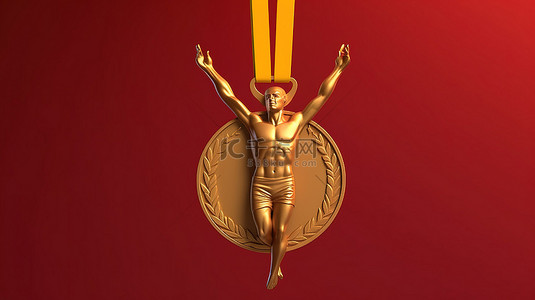 冠军运动员荣获金牌和奖杯与红丝带 3d 渲染