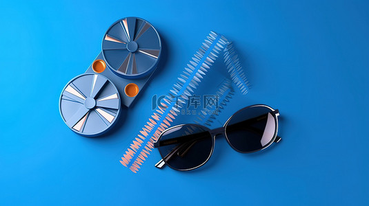 经典蓝色背景上的电影拍板 CD 和 3D 眼镜的顶视图，向电影行业和娱乐界致敬