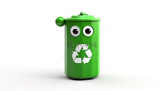 白色背景上带有回收标志和可充电电池的绿色垃圾桶吉祥物的 3D 渲染