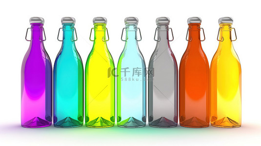 白色背景下 3D 渲染中充满活力的彩色玻璃瓶