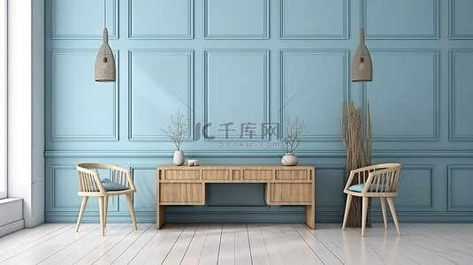 时尚背景白背景图片_时尚室内场景中的木制控制台和椅子 3D 渲染和插图，白墙上有蓝色壁纸
