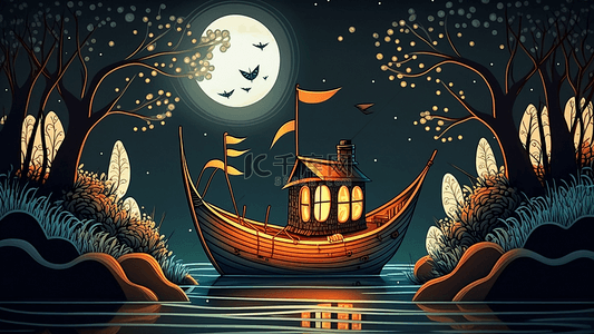秋天树林背景图片_小船月光漂亮的插画背景
