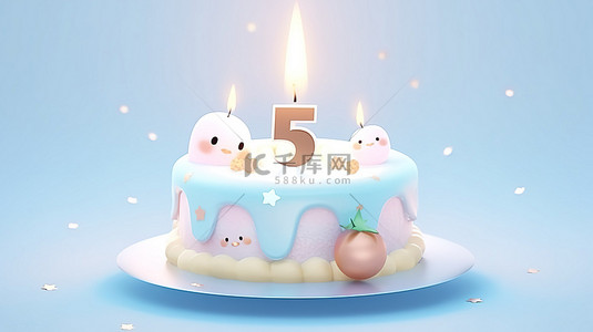 蛋糕生日蜡烛背景图片_柔和的生日蛋​​糕派对，配有 5 号蜡烛和蓝色背景上的复制空间 3D 渲染