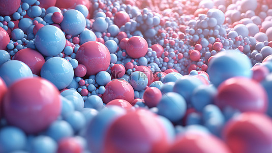 极简主义海报，带有 3D 渲染的粉色和蓝色混沌球体，装饰着气泡