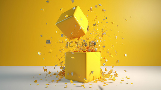 黄色主题背景，带有打开的礼品盒和掉落的礼物 3d 渲染图像