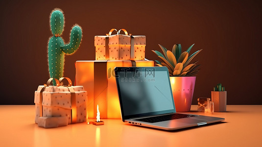 笔记本电脑灯仙人掌咖啡和礼品盒的 3D 渲染