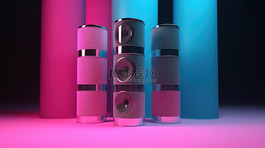 彩色圆柱上的音乐扬声器系统，用于音乐会和派对 3D 插图