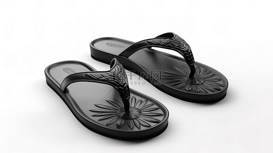 粘土风格黑色拖鞋凉鞋，白色背景上的 3D 渲染