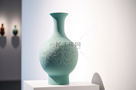花瓶是蓝色的，上面有雕刻图案