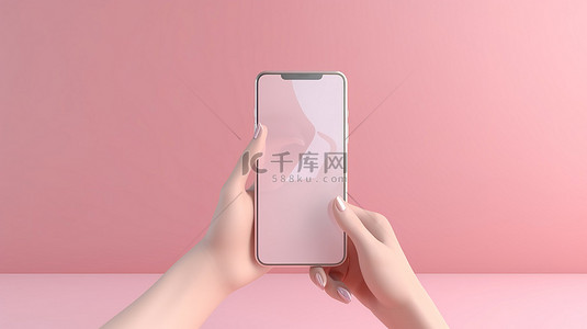 握住手机的手背景图片_浅粉色背景下 3d 渲染手握住的智能手机