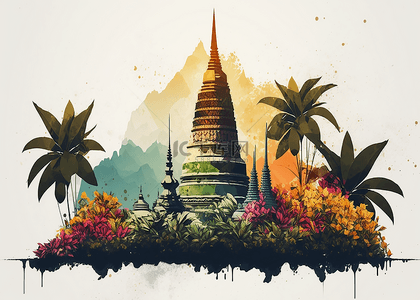和尚敲木鱼背景图片_泰国寺庙绿色水彩背景