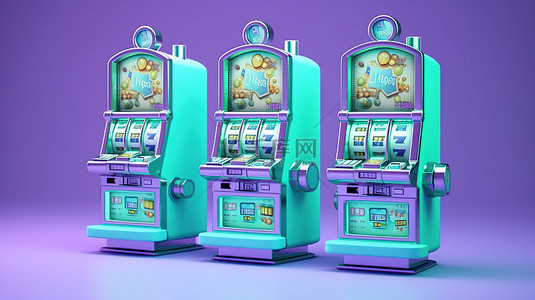 卡通老虎机背景图片_绿松石背景与 3D 丁香老虎机卡通风格赌场设计理念