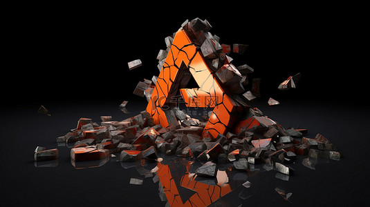 碎石碎片形成一个巨大的警告标志，在 3D 插图中反射在地板上