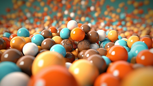 蓝色平面设计背景图片_运动中充满活力的球体，棕色背景下米色蓝色和橙色飞行球体的抽象 3D 插图