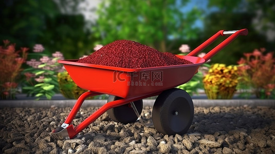 用于园艺和建筑的载有土壤的红色手推车的 3d 渲染