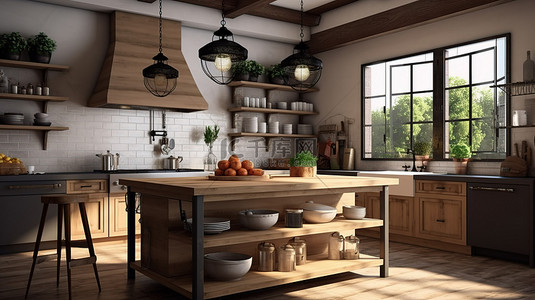 家居厨房背景图片_质朴的厨房内饰，配有农舍魅力和炊具 3D 渲染
