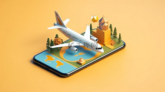 公司风格背景图片_3D 风格的旅行搜索应用横幅，其中有手机在手，飞机正在起飞