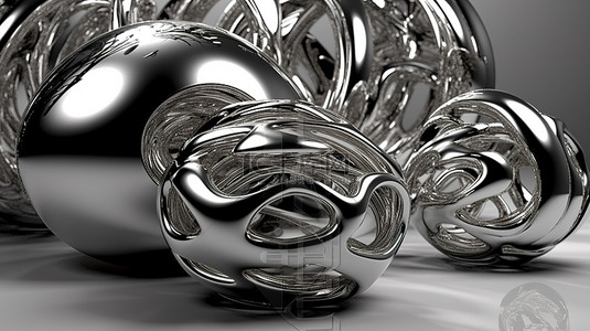 扭曲金属物体和球体的反光纹理镀铬雕塑 3D 渲染