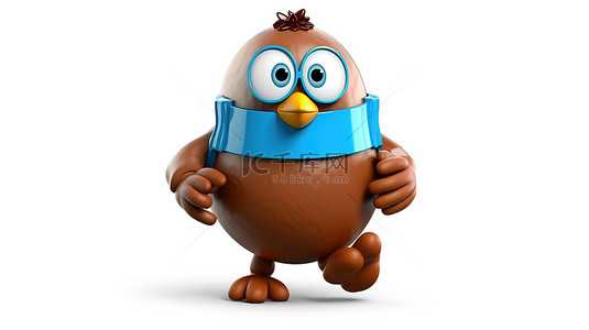 白色背景展示了 3D 渲染的人物吉祥物，人物吉祥物有棕色鸡蛋和蓝色健身追踪器