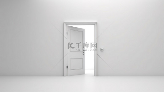 一扇白色门在空白背景上打开的 3D 渲染，看不到任何人