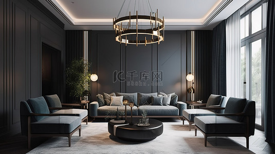豪华的内饰现代客厅配有高端家具，包括沙发扶手椅和电灯 3D 渲染