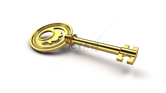 白色背景上孤立钥匙孔中的金钥匙的 3D 插图