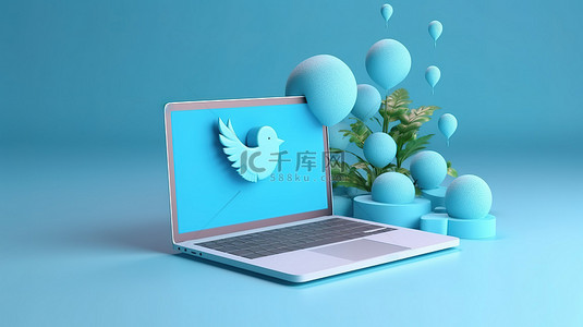 时尚的 Twitter 徽标 3D 渲染笔记本电脑应用程序设计，具有极简主义美学