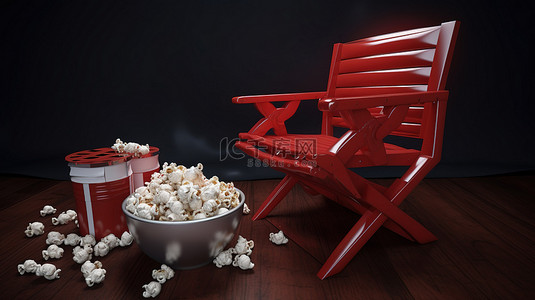红色摄影背景图片_带爆米花隔板 3d 眼镜的红色电影椅和卷轴令人惊叹的 3d 渲染