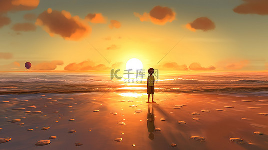 印刷背景背景图片_孩子在海滩日落时玩耍的 3D 插图