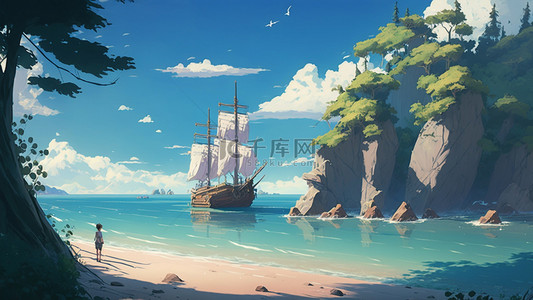 冲浪插画背景图片_夏季海边帆船背景