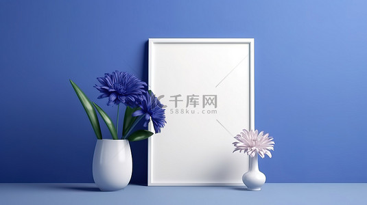 带有花卉装饰的海报的单一框架与富丽堂皇的蓝色背景 3d 渲染