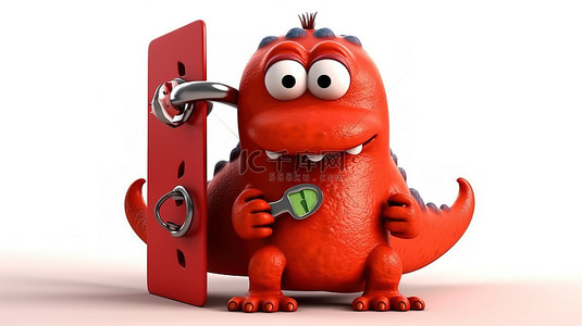 幽默的 3D 红色恐龙举着标牌和巨大的挂锁