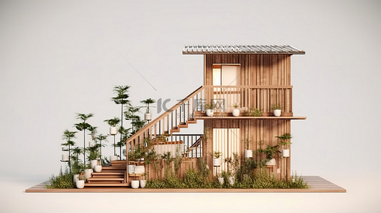 建筑概念木屋的 3D 插图，带有楼梯悬挂的露台
